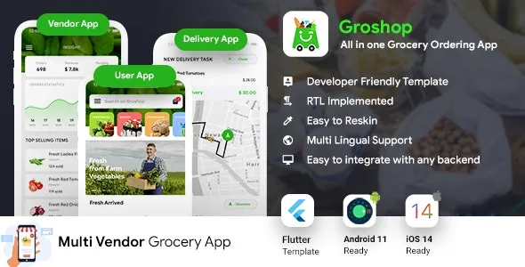 GroShop v2.1 - Grocery Flutter App Template, 3 Apps, User App + Seller App + Delivery App