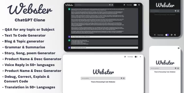 Webster - ChatGPT Clone Text to Code Q&A Blog Generator Grammar Summarise Translate SEO Page Builder