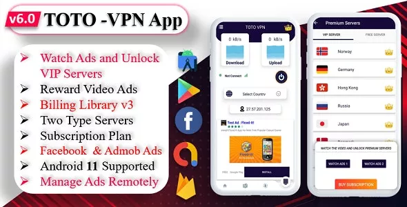 TOTO v6.0 - VPN | VPN App | Facebook Ads | Admob Ads | Ads Manage Remotely | VPN | VPN Subscription Plan