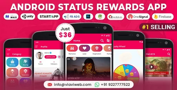 Android Status App With Reward Point v13.0 - Lucky Wheel, WA Status Saver, Video, GIF, Quotes & Image
