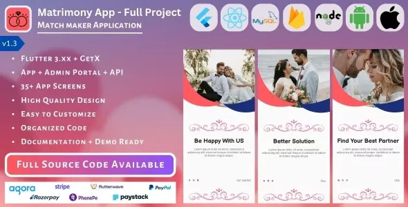 Matrimony App v1.3 - Match Maker - Full Project (Mobile App, Admin Panel, API, Database)