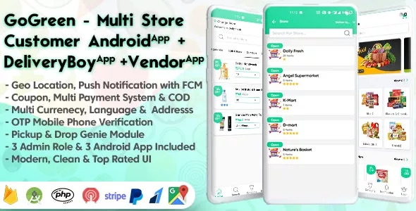 GoGreen v1.9 - Food, Grocery, Pharmacy Multi Store(Vendor) Android App with Interactive Admin Panel