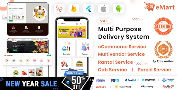 eMart v3.0 - Multivendor Food, eCommerce, Parcel, Taxi booking, Car Rental App with Admin and Website