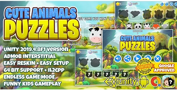 Cute Animal Puzzle Kids - Unity3D + Admob Ads + Easy Reskin