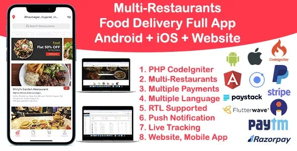 Food Delivery Multi Restaurant Ionic 5 + CodeIgniter (Android + iOS + Website + Admin) v2.0