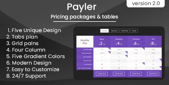 Payler v2.0 - Pricing Packages & Tables
