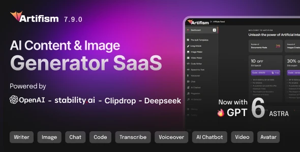 Artifism v7.8.0 - AI Content, Image, Video, Chat, Chatbot, Voiceover & Code Generator SaaS