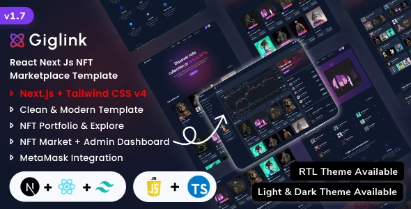 Giglink v1.7 - Next.js NFT Marketplace Landing + Admin Dashboard Template (Javascript + Typescript)