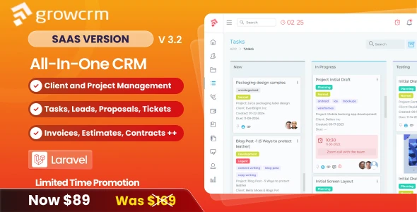 Grow CRM SaaS v2.5 - Laravel Project Management - Multitenancy