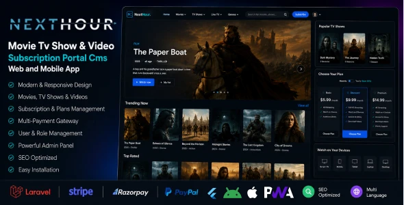 Next Hour v6.6 - Movie TV Show & Video Subscription Portal CMS Web and Mobile App