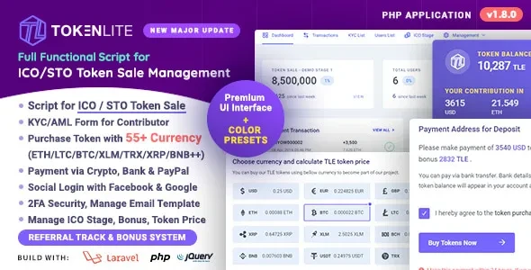 TokenLite v1.8.0 - ICO / STO Token Sale Management Dashboard - ICO Admin Script
