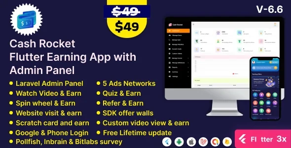 Cash Rocket v6.6 - Flutter Online Earning App with Admin Panel