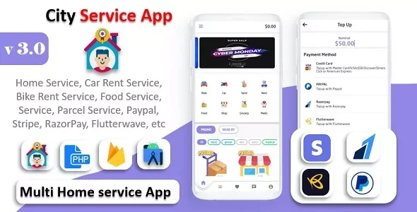 City Service App v3.0 - Service At Home - Multi Payment Gateways Integrated Multi Login
