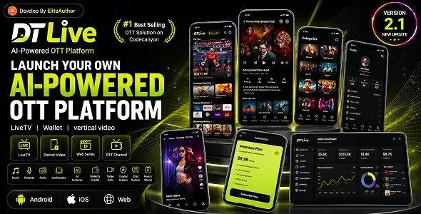 DTLive v2.1 - Movie, TV Show, OTT, Live TV, Streaming Flutter App (Android, iOS, Web) with Admin Panel