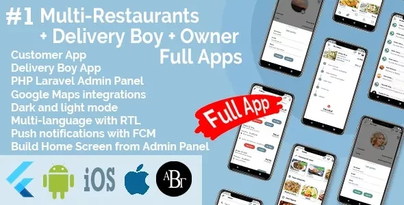 Multi-Restaurants Flutter App + Delivery Boy App + Owner App + PHP Laravel Admin Panel + Web Site