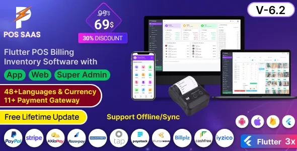 POS SAAS v6.2 - Flutter POS Billing Inventory Software with HRM App+Web+Super Admin