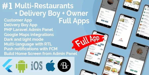 Multi-Restaurants Flutter App + Delivery Boy App + Owner App + PHP Laravel Admin Panel + Web Site v2.1.1