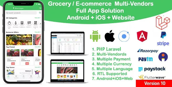 Grocery, Delivery Services, eCommerce Multi Vendors (Android + iOS + Website) Ionic 7, Laravel v12.0