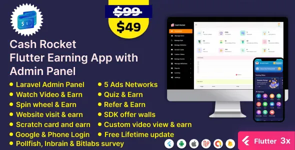 Cash Rocket - Flutter Online Earning App with Admin Panel