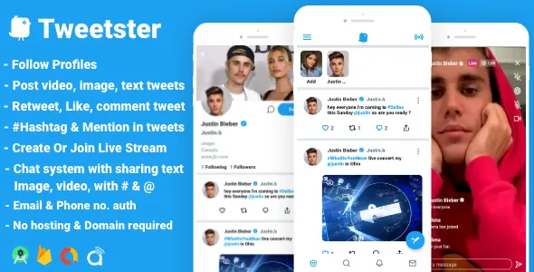 Tweetster - Twitter Clone Social Network App Follow Chat Tweet Live Android Studio + Firebase + Admob