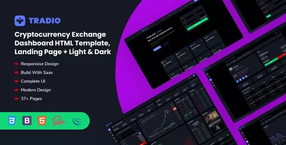 Tradio - Cryptocurrency Exchange Dashboard HTML Template + Landing Page