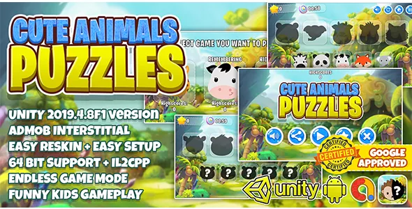 Cute Animal Puzzle Kids - Unity3D + Admob Ads + Easy Reskin
