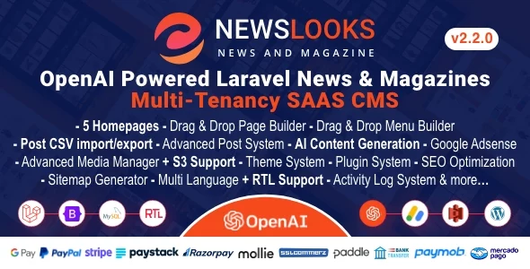 NewsLooks SAAS - OpenAI Powered News & Magazines Multi-Tenancy SAAS CMS