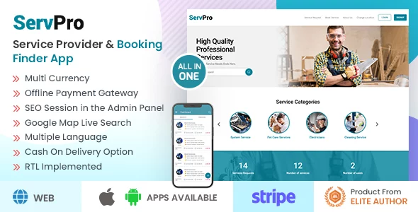 SERVPRO - On Demand Nearby Service Provider & Booking Finder Application Software (Web+Android+iOS)